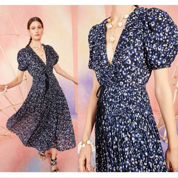 Ulla Johnson Kemala Printed Midi Wrap Dress in Indigo - Picture 1 of 8